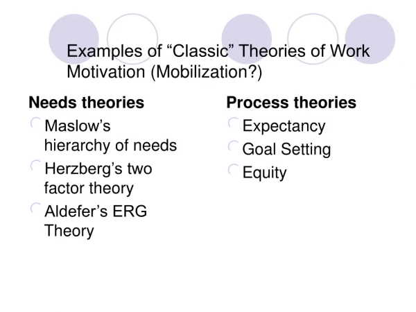Examples of “Classic” Theories of Work Motivation (Mobilization?)