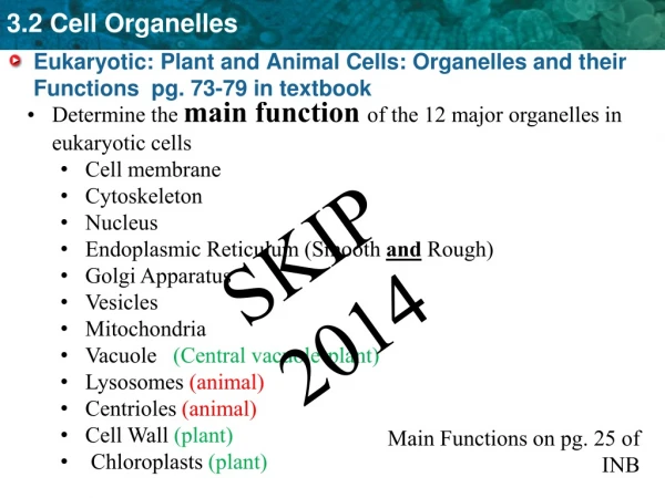 Eukaryotic: Plant and Animal Cells: Organelles and their Functions  pg. 73-79 in textbook
