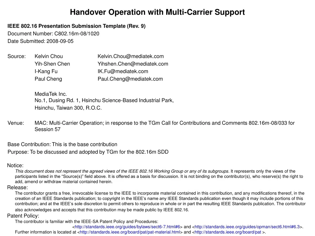 handover operation with multi carrier support