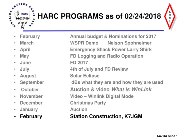 HARC PROGRAMS as of 02/24/2018