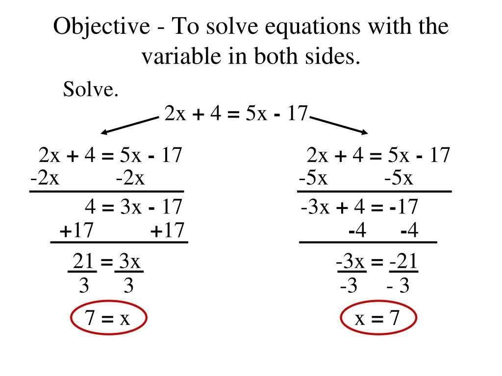 objective to solve equations with the variable in both sides