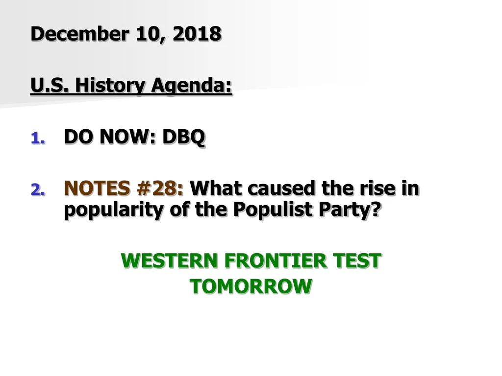 december 10 2018 u s history agenda