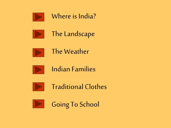 Where is India? The Landscape The Weather Indian Families Traditional Clothes Going To School