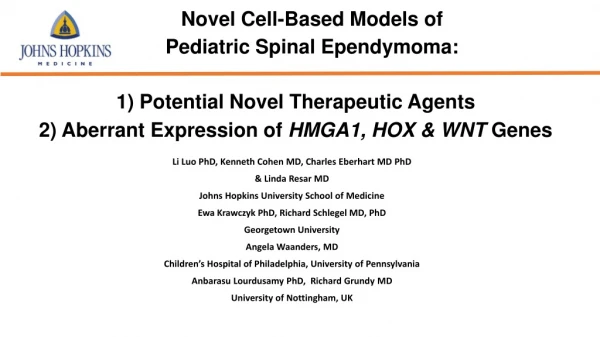 1) Potential Novel Therapeutic Agents 2) Aberrant Expression of  HMGA1, HOX &amp; WNT  Genes