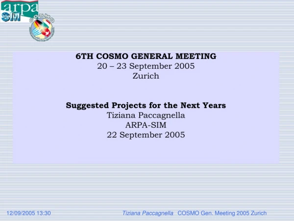 6TH COSMO GENERAL MEETING 20 – 23 September 2005 Zurich Suggested Projects for the Next Years