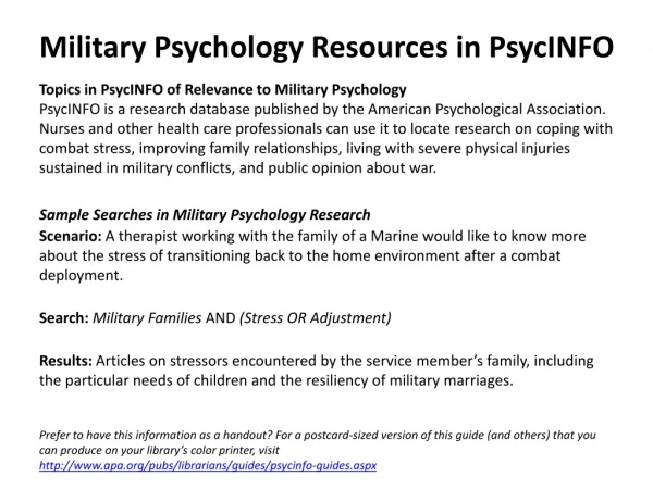 Military Psychology Resources in PsycINFO