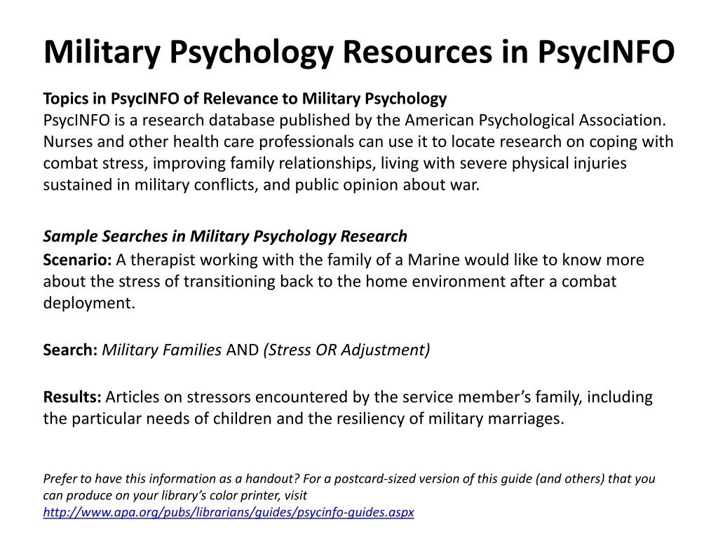 military psychology resources in psycinfo