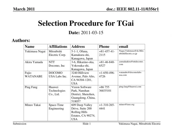 Selection Procedure for TGai