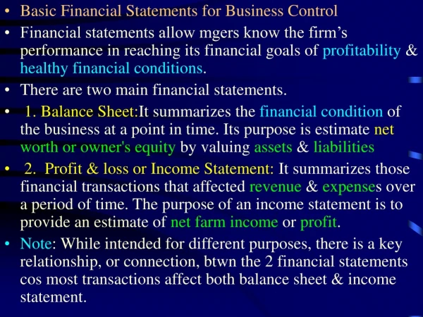 Basic Financial Statements for Business Control