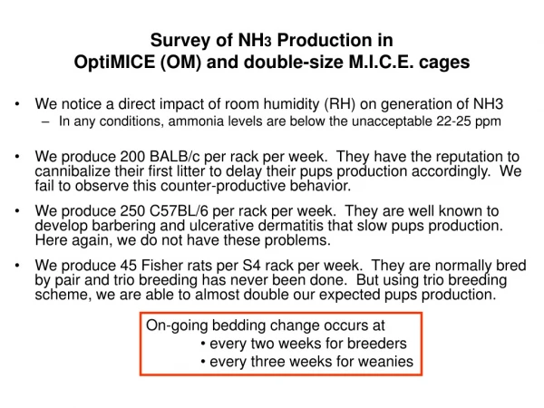 Survey of NH 3  Production in  OptiMICE (OM) and double-size M.I.C.E. cages