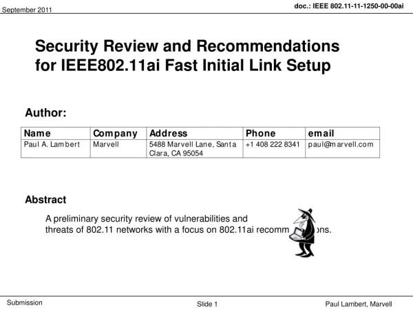 Security Review and Recommendations  for IEEE802.11ai Fast Initial Link Setup
