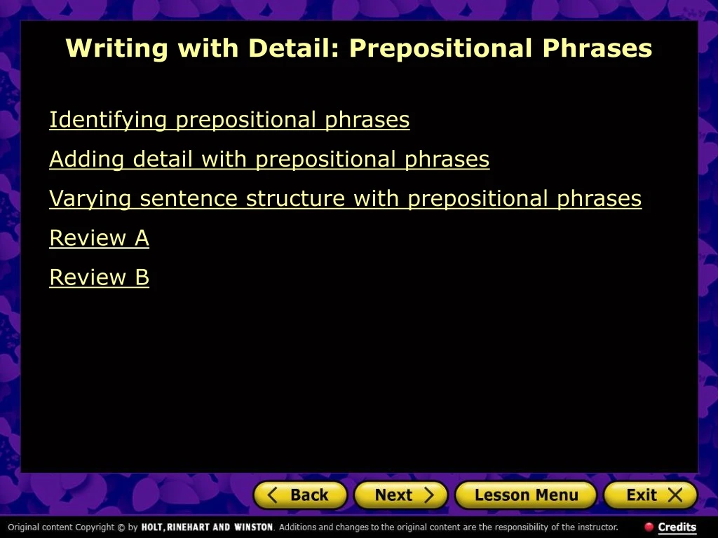 writing with detail prepositional phrases