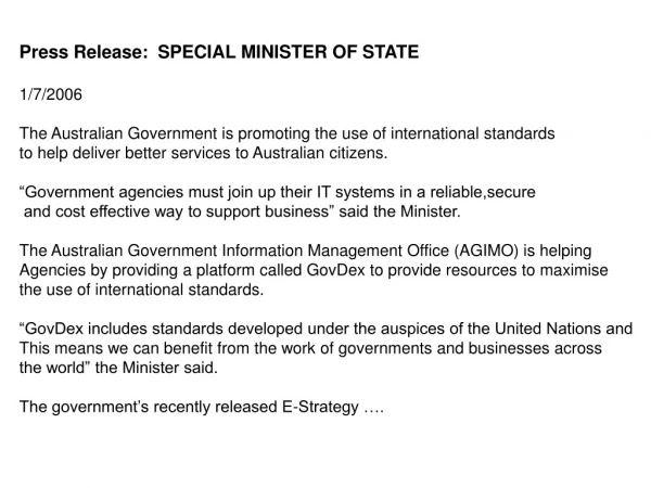 Press Release:  SPECIAL MINISTER OF STATE 1/7/2006