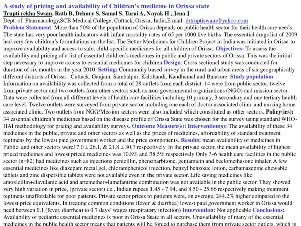 A study of pricing and availability of Children’s medicine in Orissa state