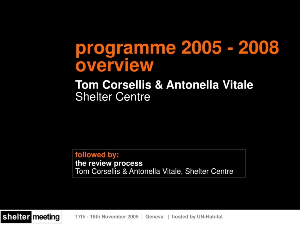 programme 2005 - 2008 overview Tom Corsellis &amp; Antonella Vitale Shelter Centre