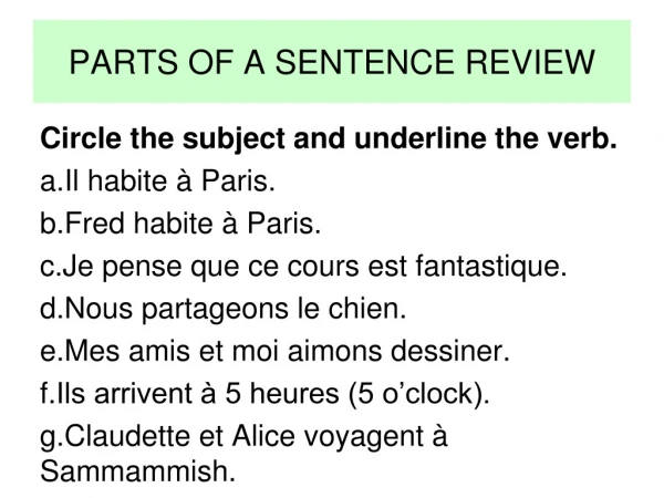 PARTS OF A SENTENCE REVIEW