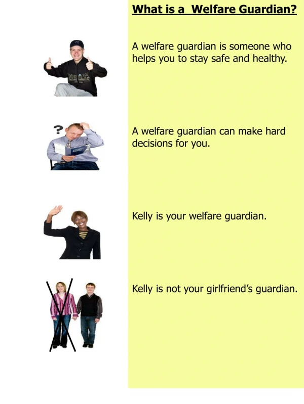 What is a  Welfare Guardian? A welfare guardian is someone who helps you to stay safe and healthy.