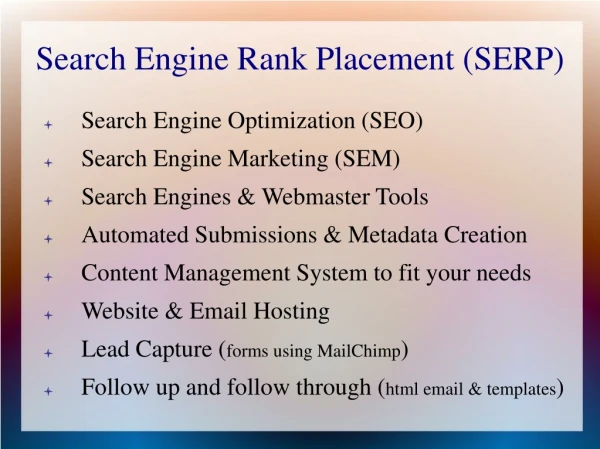 Search Engine Rank Placement (SERP)