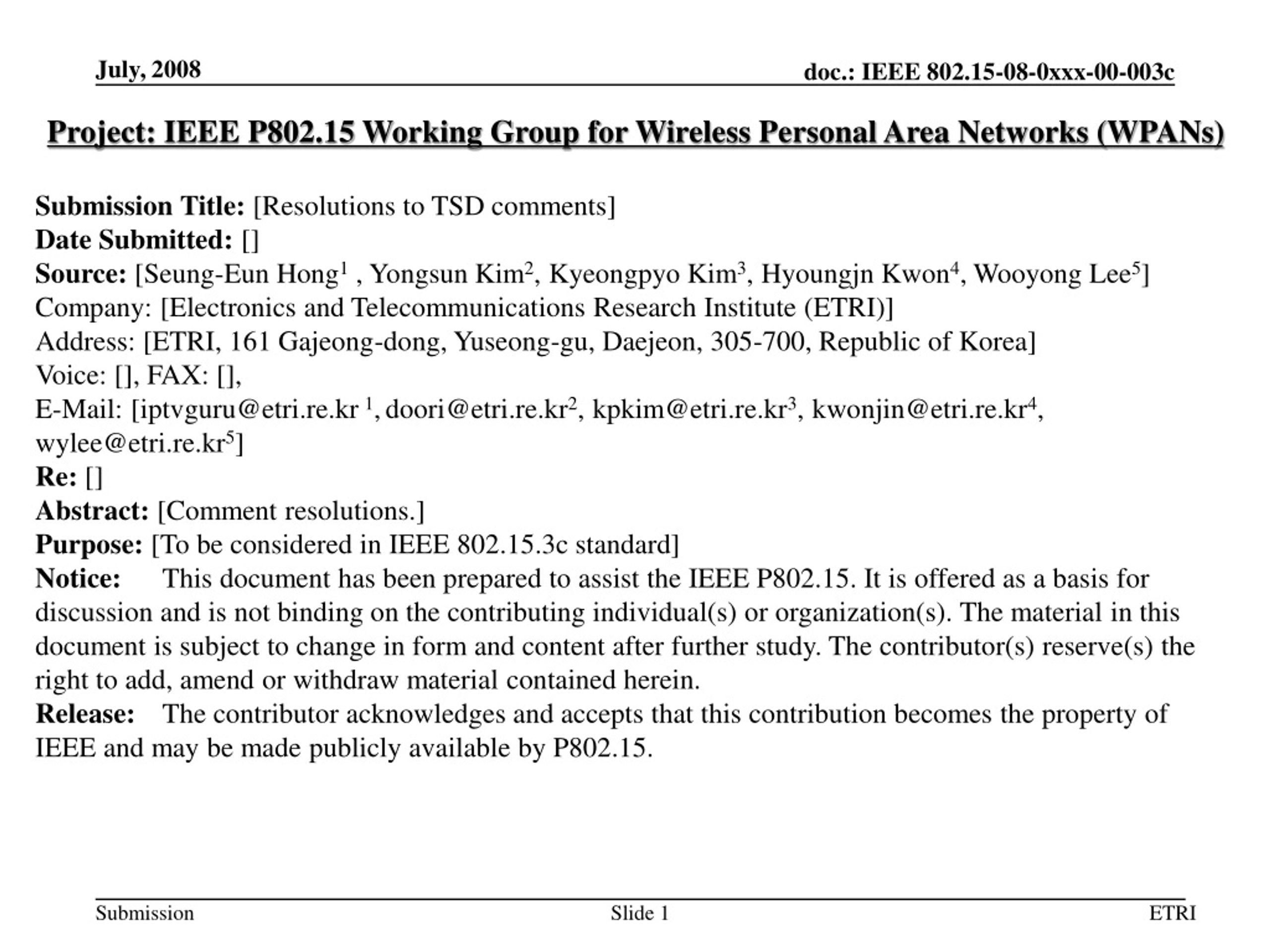 Enhanced Resolutions for IEEE 802.15.3c Standard - slide 1
