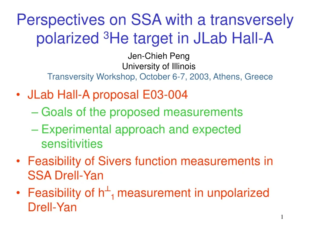 perspectives on ssa with a transversely polarized 3 he target in jlab hall a
