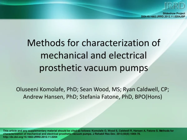 Methods for characterization of mechanical and electrical  prosthetic vacuum pumps