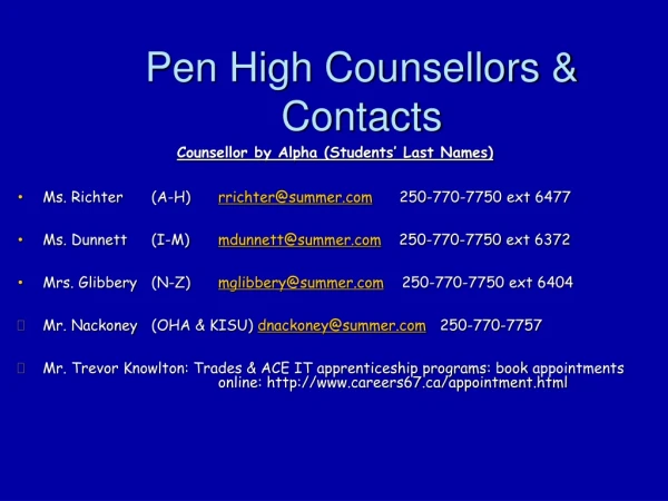 Pen High Counsellors &amp;  Contacts Counsellor by Alpha (Students’ Last Names)