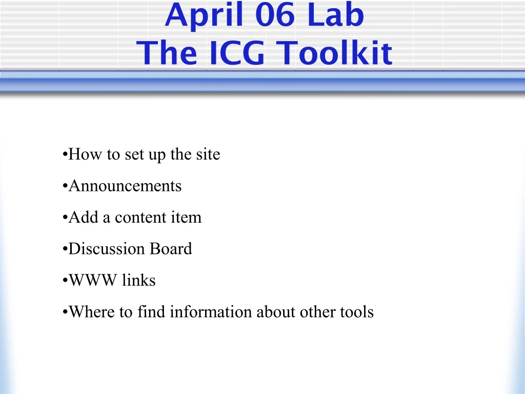 april 06 lab the icg toolkit