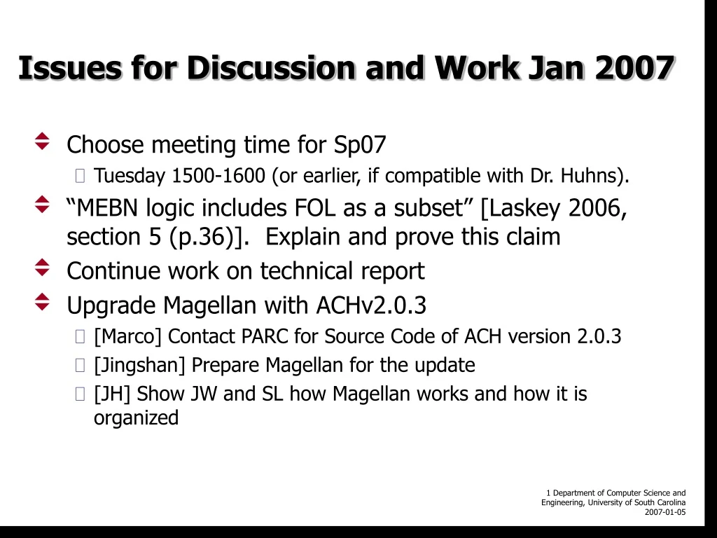 issues for discussion and work jan 2007