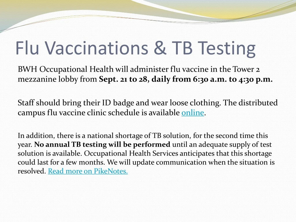 flu vaccinations tb testing