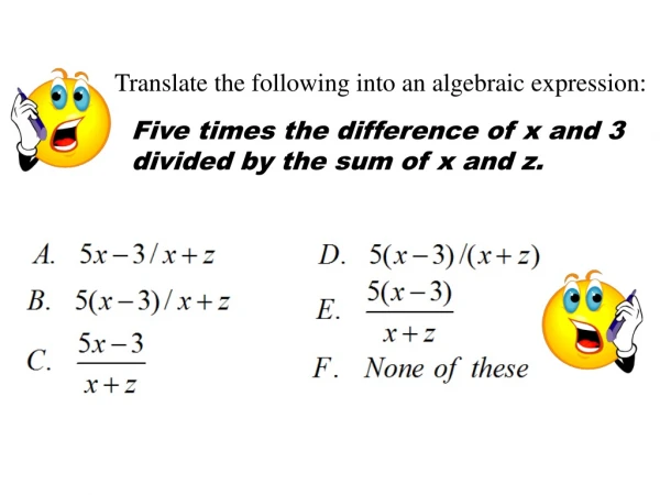 Five times the difference of x and 3 divided by the sum of x and z.