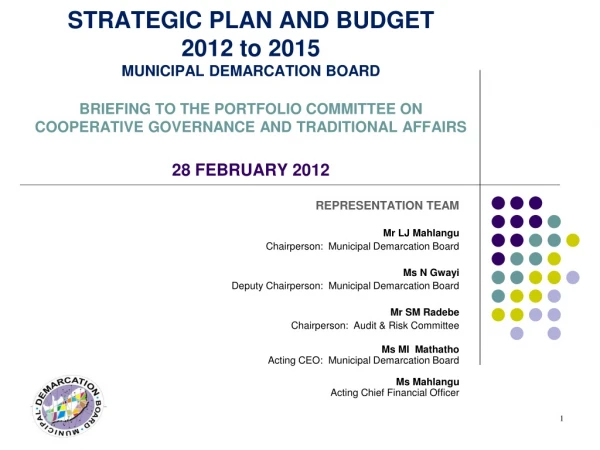 REPRESENTATION TEAM Mr LJ Mahlangu Chairperson:  Municipal Demarcation Board Ms N Gwayi