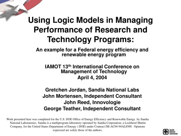 Using Logic Models in Managing Performance of Research and Technology Programs: