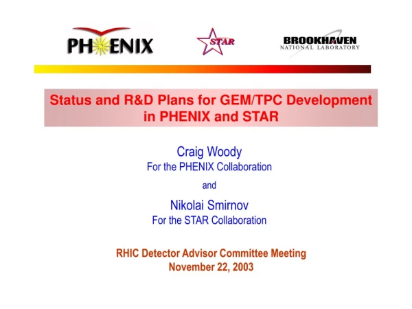 Status and R&amp;D Plans for GEM/TPC Development in PHENIX and STAR