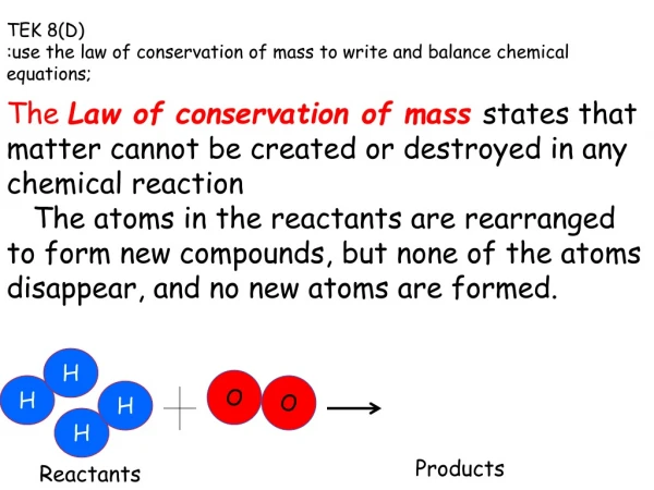 TEK 8(D)  :use the law of conservation of mass to write and balance chemical equations;
