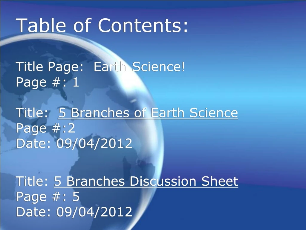 table of contents title page earth science page