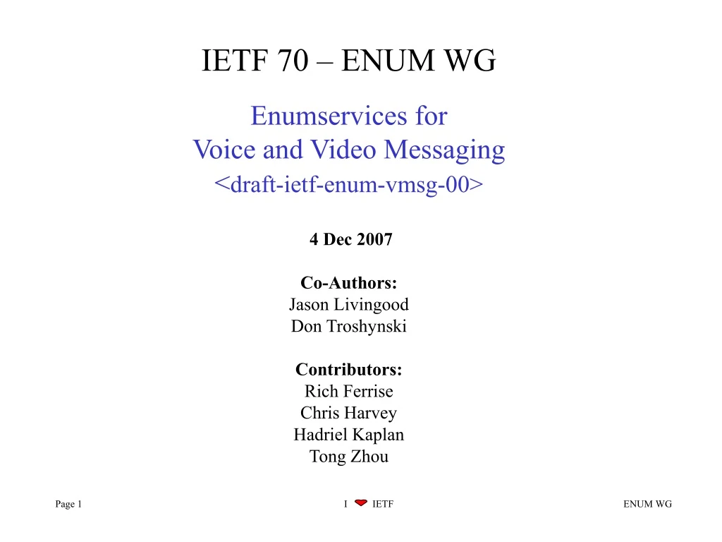 ietf 70 enum wg enumservices for voice and video