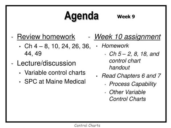 Review homework Ch 4 – 8, 10, 24, 26, 36, 44, 49 Lecture/discussion Variable control charts