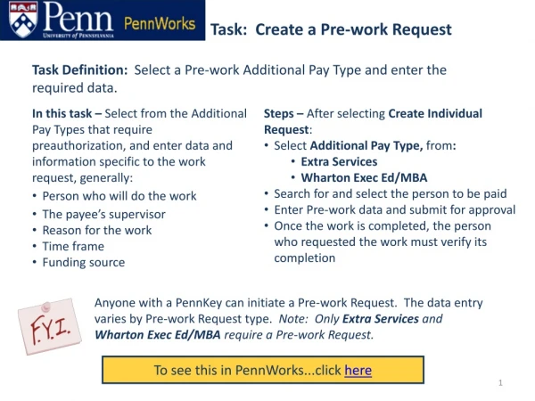 Task:  Create a Pre-work Request