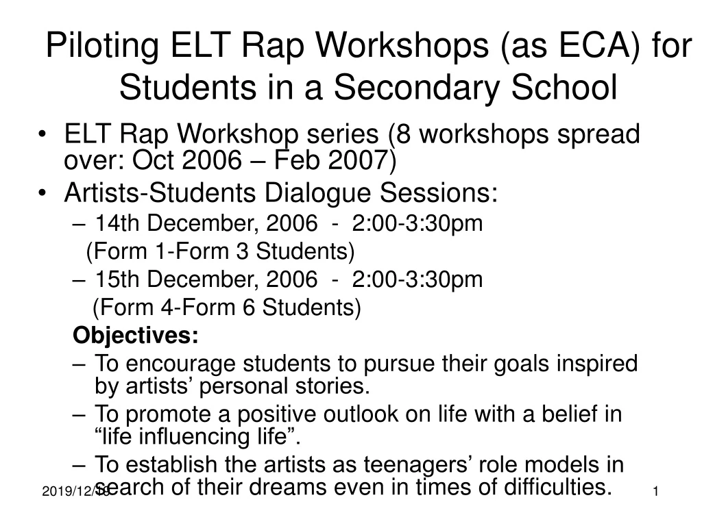 piloting elt rap workshops as eca for students in a secondary school