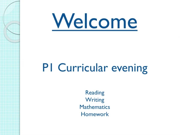 Welcome P1 Curricular evening Reading    Writing Mathematics Homework