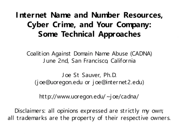 Internet Name and Number Resources,  Cyber Crime, and Your Company:  Some Technical Approaches