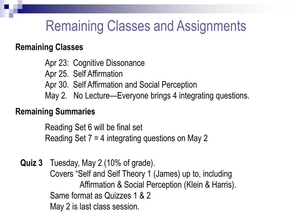 remaining classes and assignments