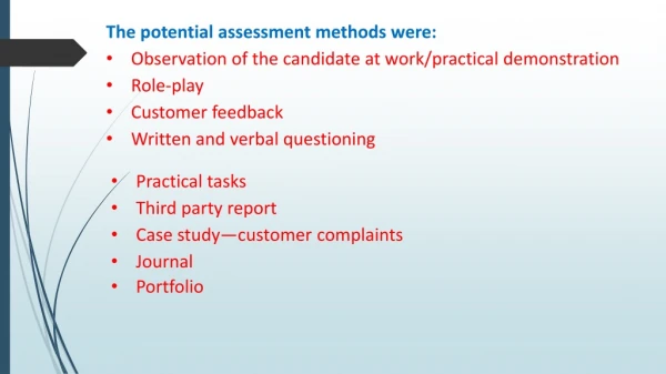 The potential assessment methods were: