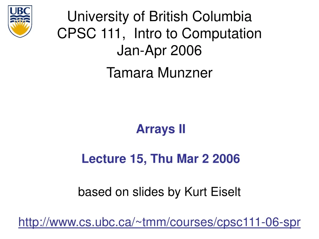arrays ii lecture 15 thu mar 2 2006