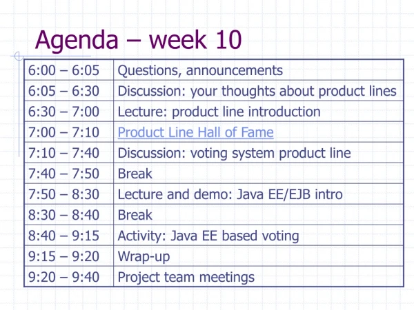 Agenda – week 10