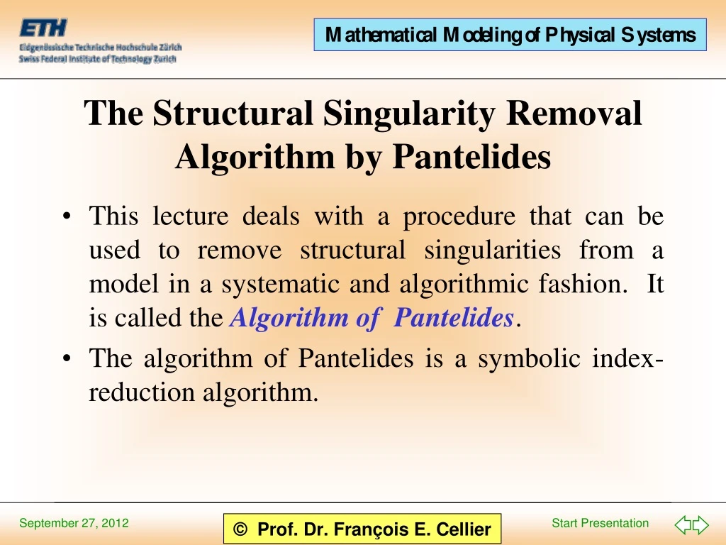 the structural singularity removal algorithm by pantelides