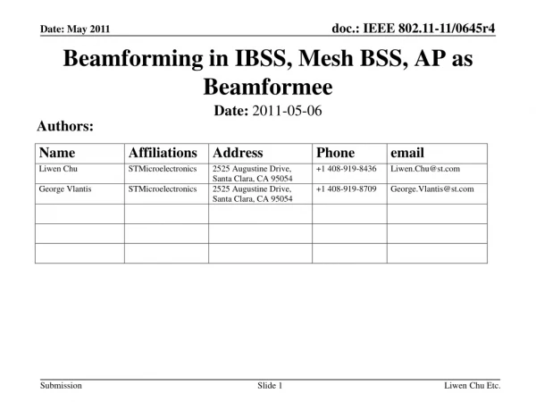 Beamforming in IBSS, Mesh BSS, AP as Beamformee