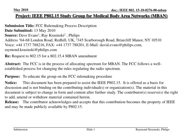 Project: IEEE P802.15 Study Group for Medical Body Area Networks (MBAN)