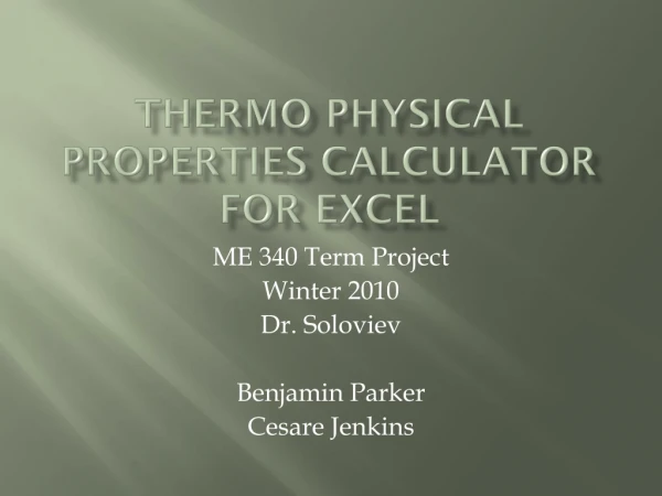 Thermo Physical Properties Calculator for excel