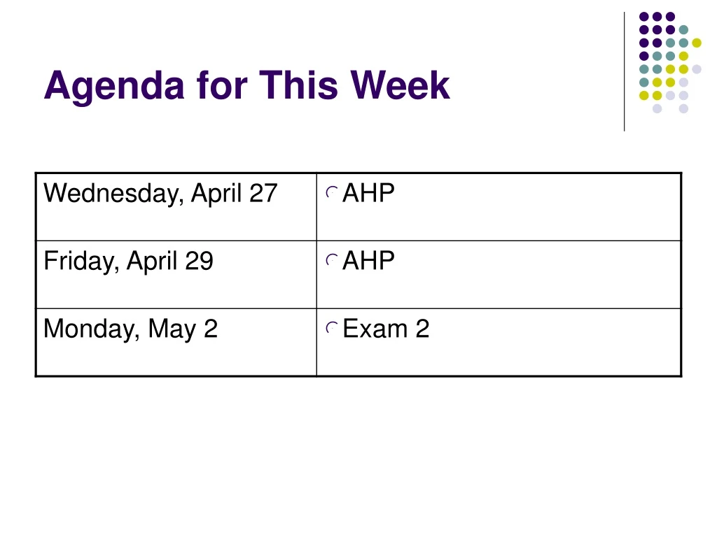 agenda for this week